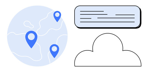 Blue map with location pins, cloud shape, and text input box. Ideal for location tracking, global connectivity, digital maps, data storage, cloud services navigation modern technology. Simple flat