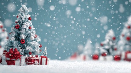 Obraz premium Christmas and winter holiday marketing background, with winter and Christmas tree themes, Christmas ornaments and presents, snowy vibes