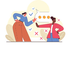 Two Women In A Heated Discussion With Checkmarks And Crosses Symbolizing Agreement And Disagreement Against A Soft Yellow Background With Abstract Shapes And Leaves