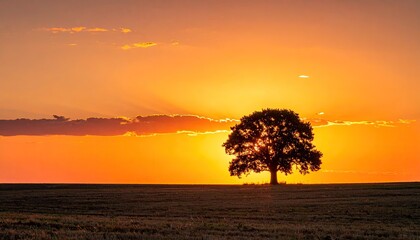 Lone Oak Tree Silhouetted Against a Fiery Orange Sunset with Dramatic Sun Rays and Scattered Clouds Over a Rural Field