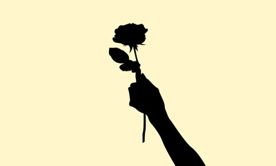 Silhouette of hand holding a rose concept design. Icon of gift a flower for someone. Vector illustration.