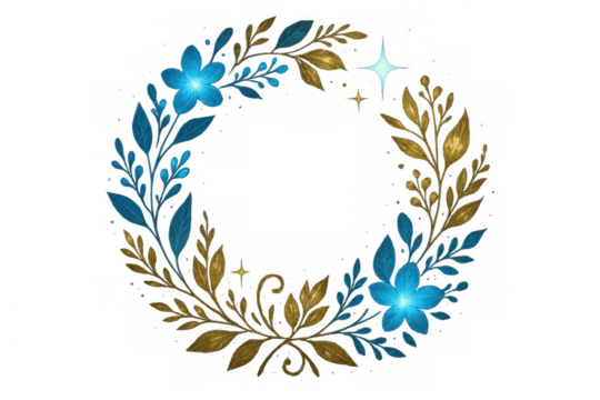 Floral wreath with shimmering blue flowers and golden leaves, decorative element, transparent background, illustration