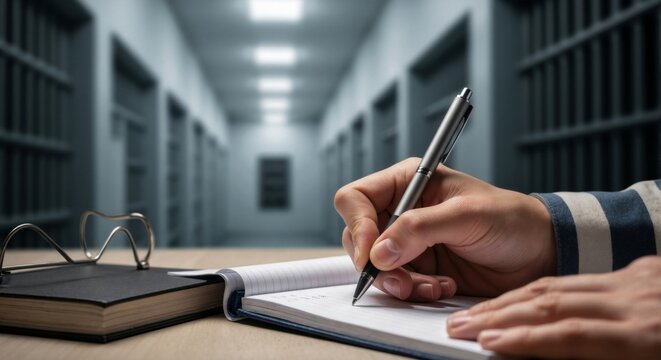 A person writing a document in a prison setting, with bars and cells in the background. 