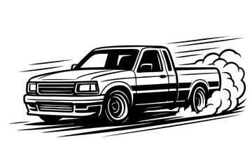 pickup truck drifting on a race track, speed lines and tire smoke behind