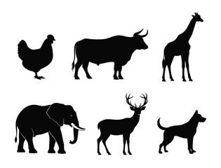Animal Silhouettes – Vector Set of Chicken, Bull, Giraffe, Elephant, Deer, and Dog