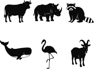 Animal Silhouettes – Vector Set of Cow, Rhino, Raccoon, Whale, Flamingo, and Goat