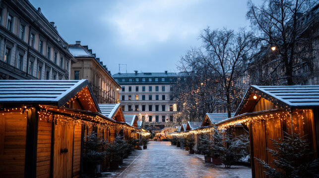 vibrant Christmas market people walking and shopping, space at the top for text placement. Merry Christmas and Happy Holidays greeting card, frame, and banner. New Year. Noel. Winter Christmas theme.