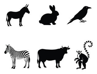 Animal Silhouettes – Vector Set of Donkey, Rabbit, Crow, Zebra, Cow, and Lemur