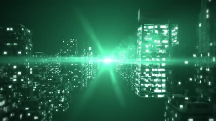 Futuristic cityscape with glowing green lights and a bright central lens flare symbolizing technology data and a digital urban environment at night. - Powered by Adobe