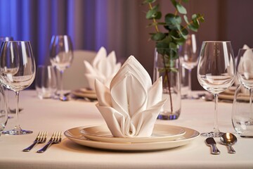 Elegant table setting with folded napkins and wine glasses