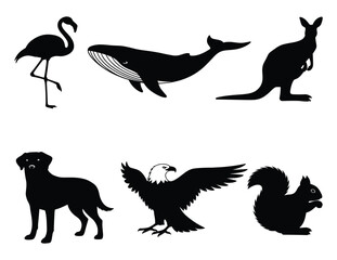 Animal Silhouettes – Vector Set of Flamingo, Whale, Kangaroo, Dog, Eagle, and Squirrel