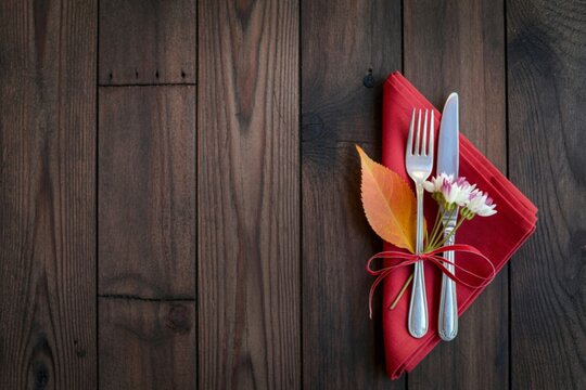 Elegant autumn table setting with red napkin and fall leaf