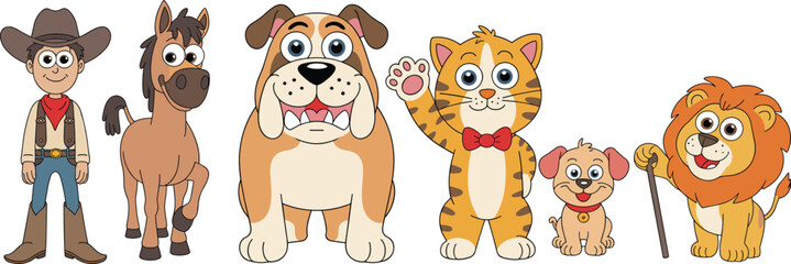 Cute cartoon cowboy and animals, horse, dog, cat, lion characters, funny pet and wild animal illustration, kids vector art