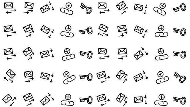 Seamless pattern of abstract digital icons including computers, keys, and users on white background, graphic design, flat style, top-down view