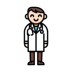 Friendly cartoon male doctor character smiling in a white lab coat with a stethoscope around his neck.