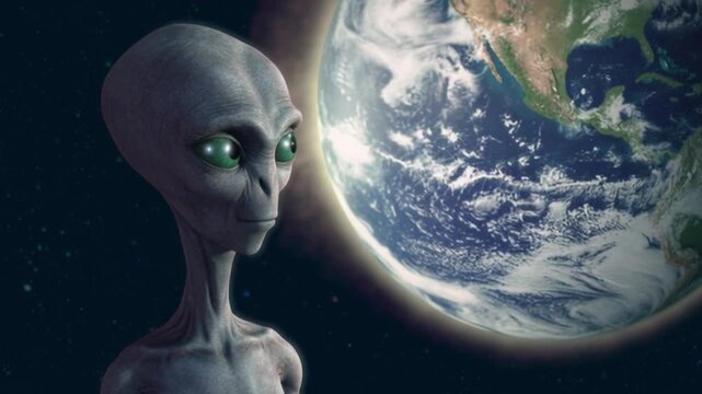 Extraterrestrial alien observing planet Earth from outer space, mysterious humanoid creature with large eyes gazing at blue planet, cosmic science fiction concept, interstellar exploration slow motion