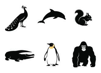 Animal Silhouettes – Vector Set of Peacock, Dolphin, Squirrel, Crocodile, Penguin, and Gorilla