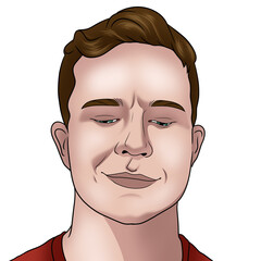Vector Portrait of a Smirking Young Man with Brown Hair in Red Shirt