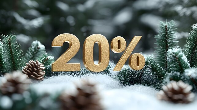 Golden 20 percent discount sign among pine cones and winter greenery in a snowy forest setting - Powered by Adobe