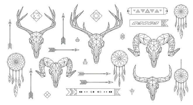 Geometric tribal set with animal skulls, dreamcatchers, and arrows, showcasing a modern bohemian aesthetic.