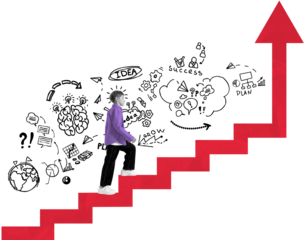 Child walking up red stairs with hand-drawn success symbols, isolated style on transparent background, representing future opportunity and ambition concept