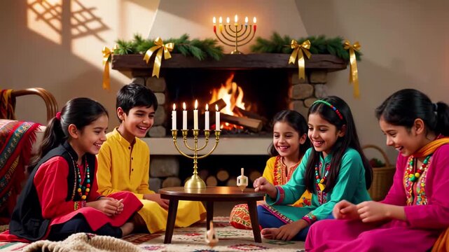 Diversity children in traditional, vibrant cultural attire celebrate Hanukkah in living room. Children play with dreidels on table. Fireplace is decorated with menorah.