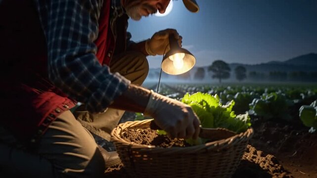 Night farmer diligently planting his fresh greens