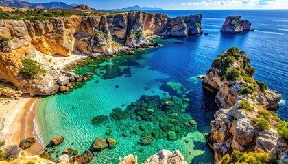 Rocky Coastline With Crystal Clear Turquoise Water And Sandy Cove On A Sunny Day With Blue Sky