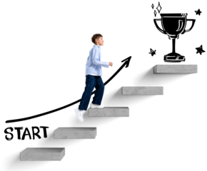 Boy climbing floating concrete steps with a drawn arrow and trophy on white background, symbolizing startup, success, and achievement goals