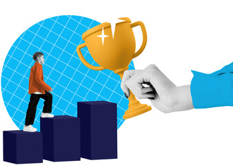 A boy climbs podium steps toward a golden trophy held by a hand, with a blue grid circle on white...