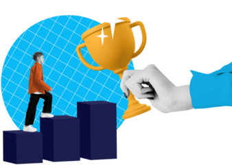 A boy climbs podium steps toward a golden trophy held by a hand, with a blue grid circle on white background, symbolizing success, winner, and achievement