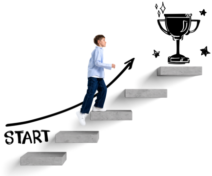 Boy climbing floating concrete steps with a drawn arrow and trophy on white background, symbolizing startup, success, and achievement goals