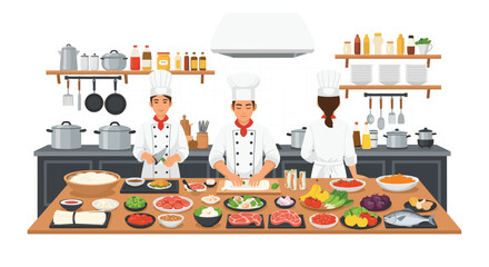 Dynamic team of chefs preparing delicious dishes in a bright professional kitchen, perfect for restaurant promotions or culinary school campaigns
