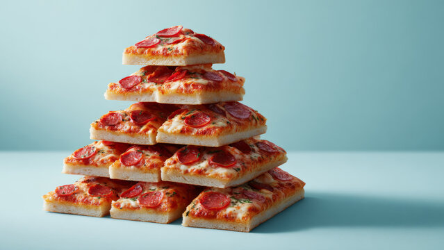 Stack of pepperoni pizza slices forming a Christmas tree on a blue background. Creative holiday food concept for December celebration.