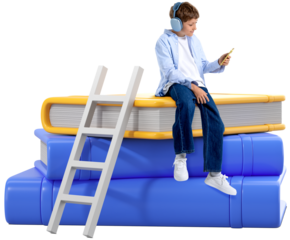 Child wearing headphones sits on stacked colorful books with a ladder, holding smartphone, isolated on white background, symbolizing online education
