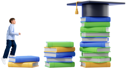 Young boy stepping up stacked colorful books toward a tall pile topped with a graduation cap, on a transparent background, symbolizing education growth