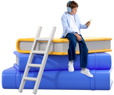 Child wearing headphones sits on stacked colorful books with a ladder, holding smartphone, isolated on white background, symbolizing online education