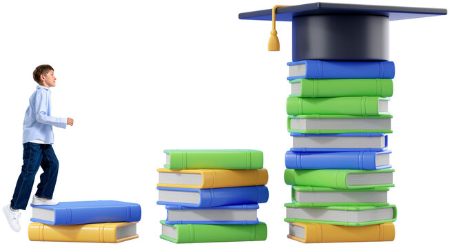 Young boy stepping up stacked colorful books toward a tall pile topped with a graduation cap, on a transparent background, symbolizing education growth