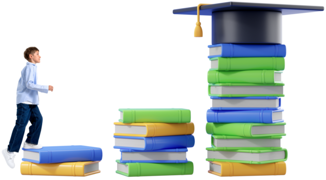 Young boy stepping up stacked colorful books toward a tall pile topped with a graduation cap, on a transparent background, symbolizing education growth