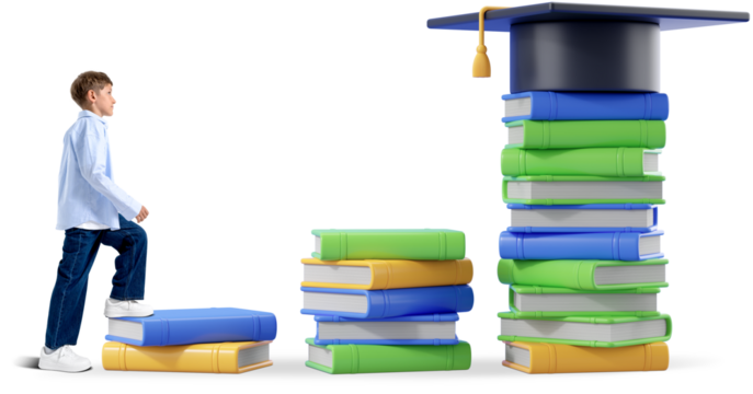 Young boy climbing stacked colorful books leading to a tall pile topped with a graduation cap, isolated on white background, symbolizing education journey