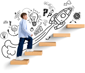Boy walking up wooden stairs with hand-drawn rocket, lightbulb, and education symbols on white background, illustrating concept of learning and success
