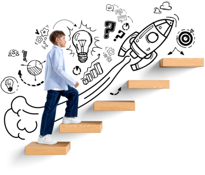 Boy walking up wooden stairs with hand-drawn rocket, lightbulb, and education symbols on white background, illustrating concept of learning and success - Powered by Adobe