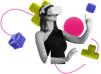 Woman wearing VR headset on transparent background, surrounded by colorful inflated balloon shapes,...