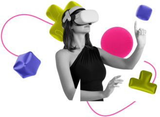 Woman wearing VR headset on transparent background, surrounded by colorful inflated balloon shapes, representing augmented reality and virtual tech concept
