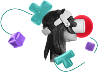 Side view of woman in VR headset with colorful inflated balloon shapes, isolated on transparent background. Concept of immersive virtual reality technology