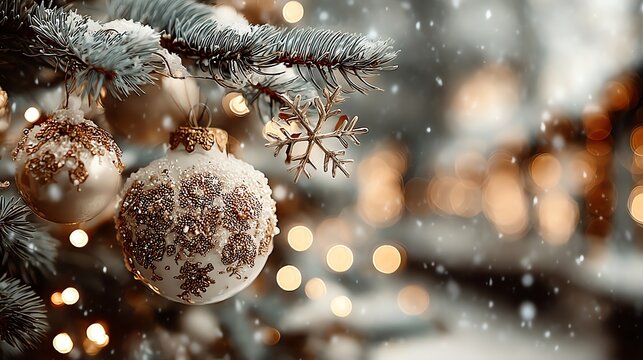 Festive Christmas Tree Ornaments with Snowflakes and Warm Bokeh Lights