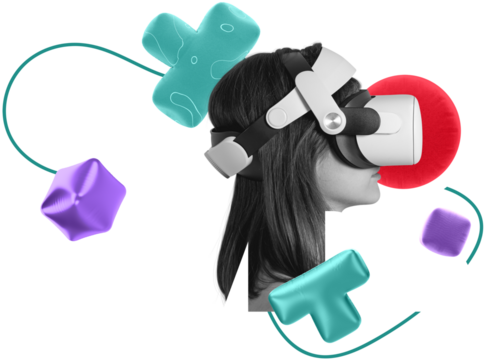 Side view of woman in VR headset with colorful inflated balloon shapes, isolated on transparent background. Concept of immersive virtual reality technology