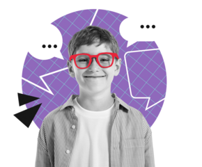 Happy child wearing red glasses over striped shirt, isolated against colorful abstract background with speech bubbles, representing communication concept