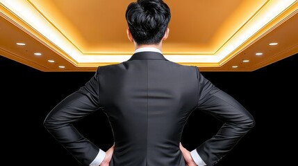 Confident Man in Black Suit Against Gold Lit Ceiling
