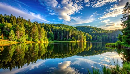 Fototapeta premium Serene Forest Lake Reflecting Vivid Summer Sky With Lush Green Trees And Dramatic Clouds At Golden Hour